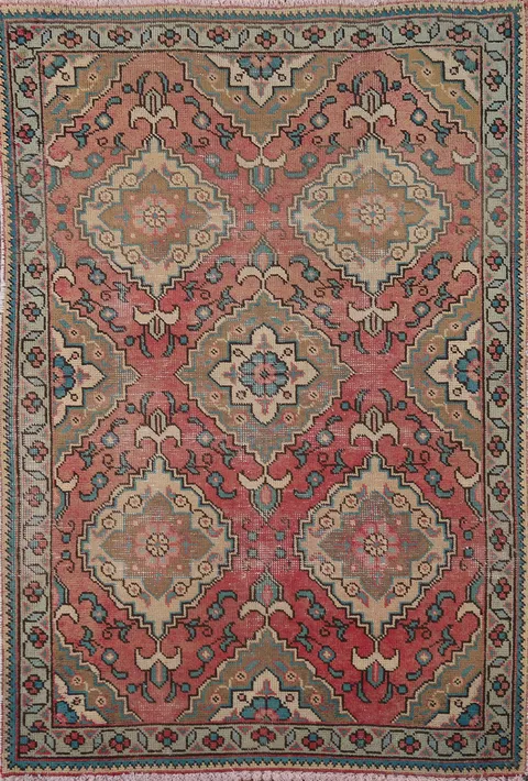 Pink Geometric Wool Tabriz Persian Accent Rug 3x5