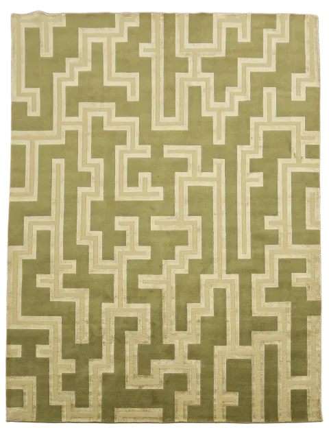 Maze-Inspired Olive Green Rug with Intricate Geometric Patterns 9x12