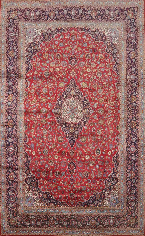 Palace Traditional Kashan Persian Rug in Rich Red and Navy Blue 10x16