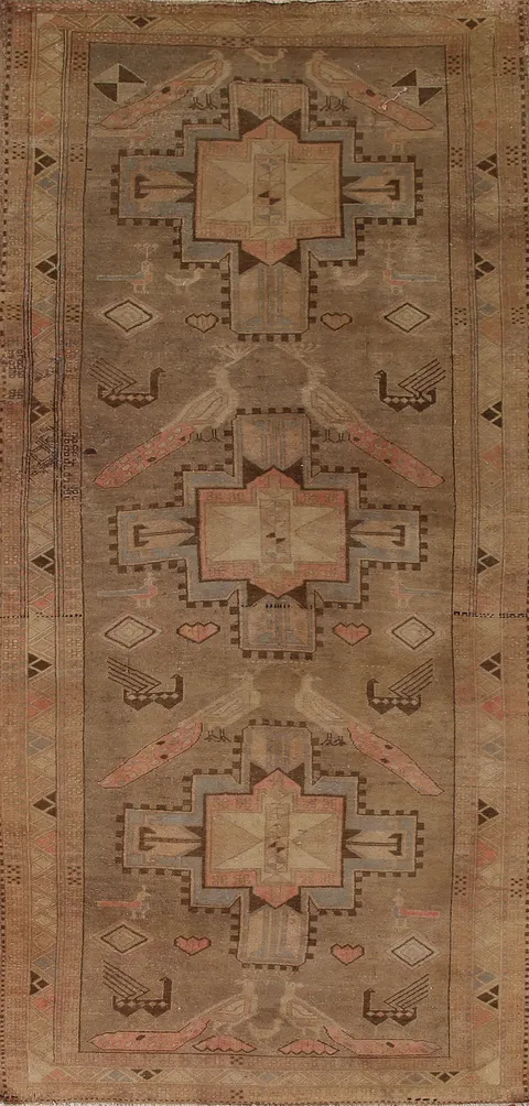 Tribal Animals Brown Ardebil Persian Runner Rug 4x11