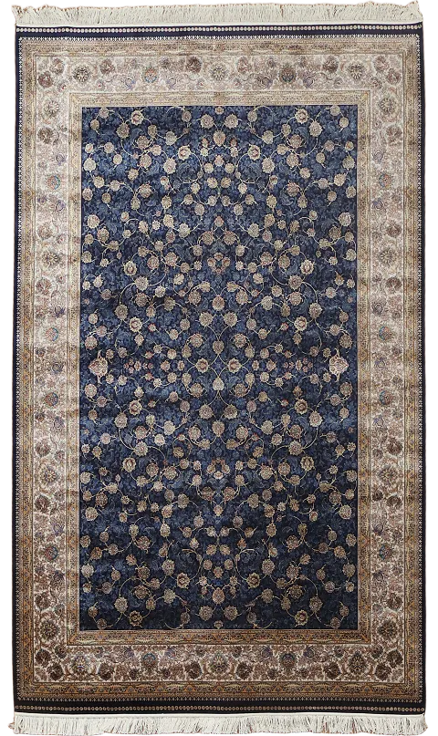 Navy Blue Floral Qum Traditional Area Rug 7x10