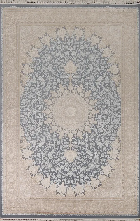 Traditional Blue Floral Qum Turkish Area Rug 7x10