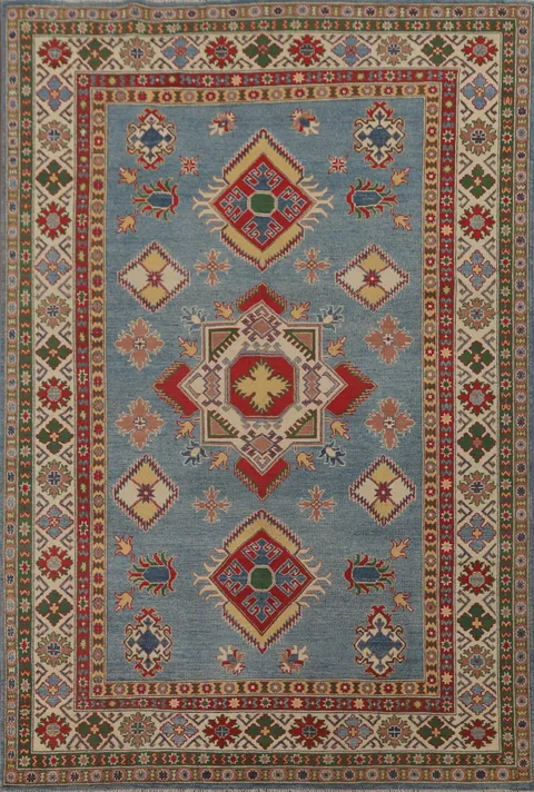 Blue Geometric Kazak Oriental Area Rug 7x10