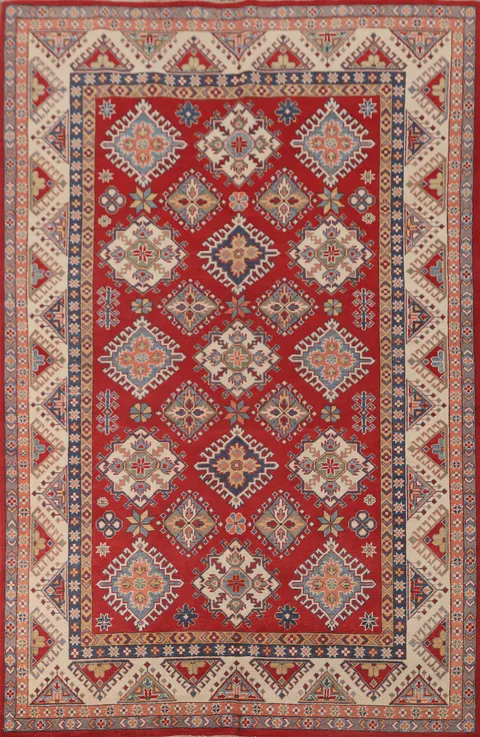 Red Geometric Kazak Oriental Area Rug 6x10