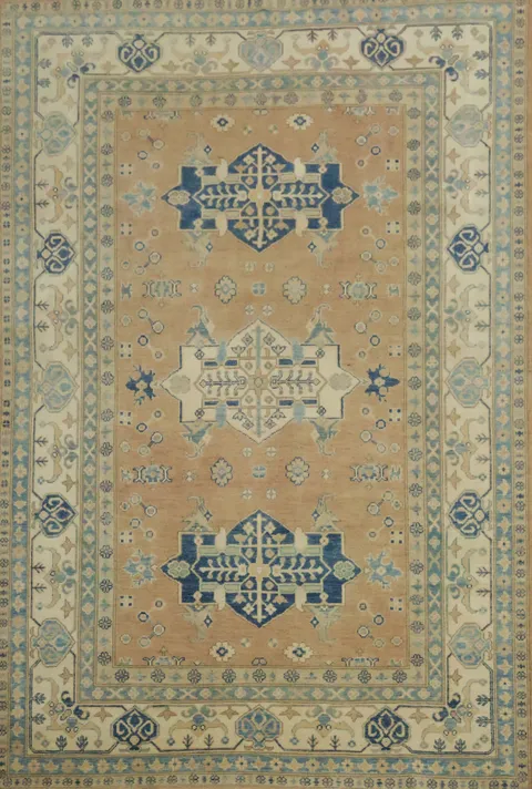 Muted Beige and Blue Kazak Tribal Rug with Exquisite Geometric Designs 6'x9'