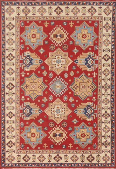 Red Geometric Kazak Oriental Area Rug 6x8
