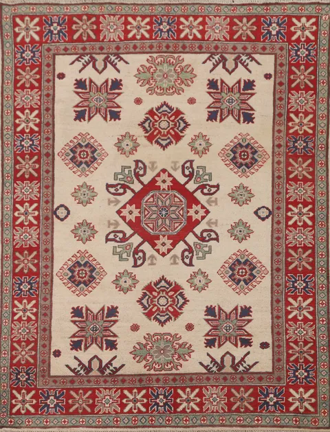 Ivory Geometric Kazak Oriental Rug 5x6