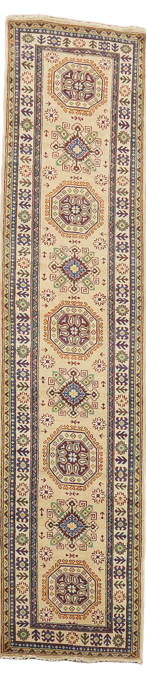 Geometric Kazak Oriental Wool Runner Rug 3x13