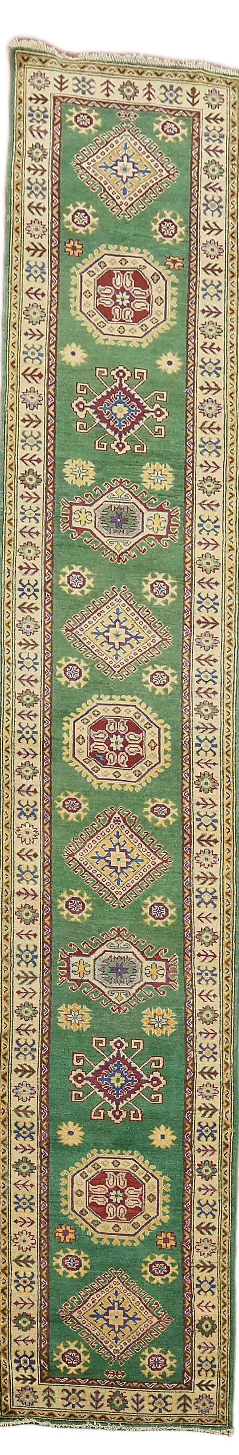 Vintage-Inspired Green Kazak Long Runner Rug 3x16 ft
