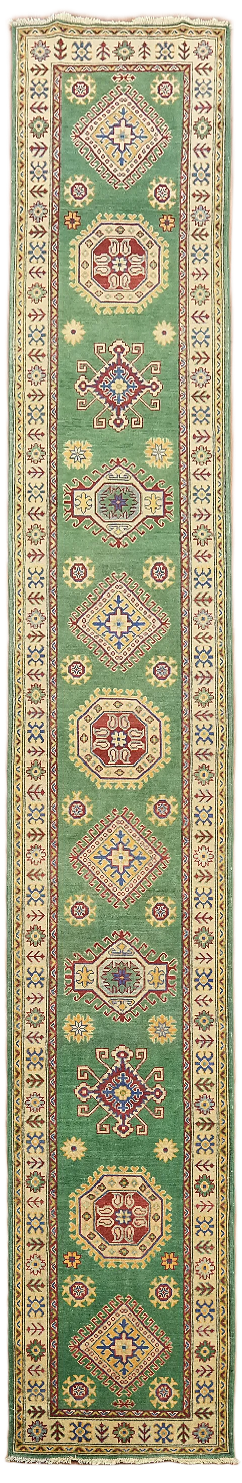 Charming Green Masterpiece Kazak Long Runner with Traditional Motifs 3'x16'