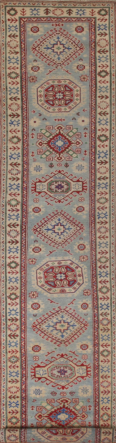 Light Blue Kazak Oriental Runner Rug 3x16