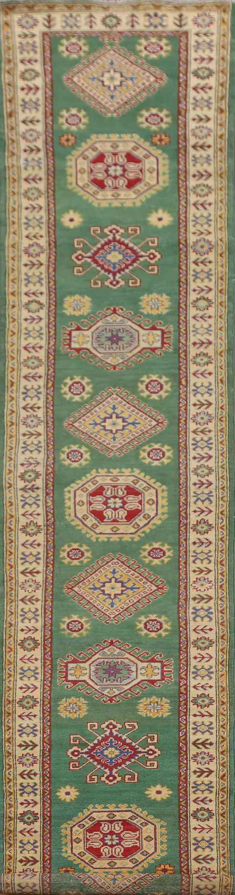 Green Wool Kazak Oriental Runner Rug 3x16