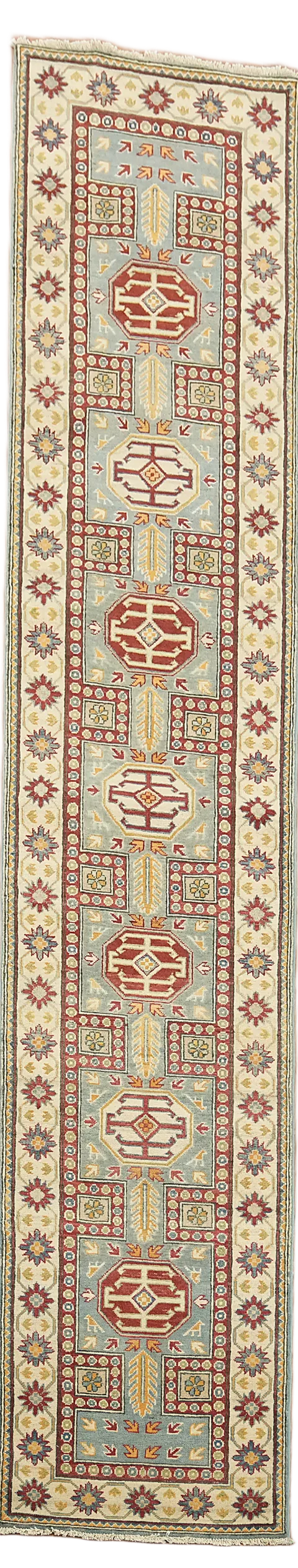 Light Blue Kazak Oriental Runner Rug 3x13