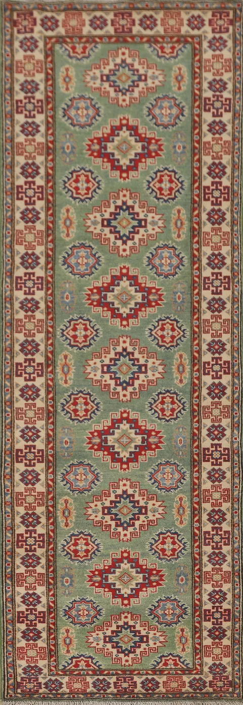 Green Wool Kazak Oriental Runner Rug 3x10