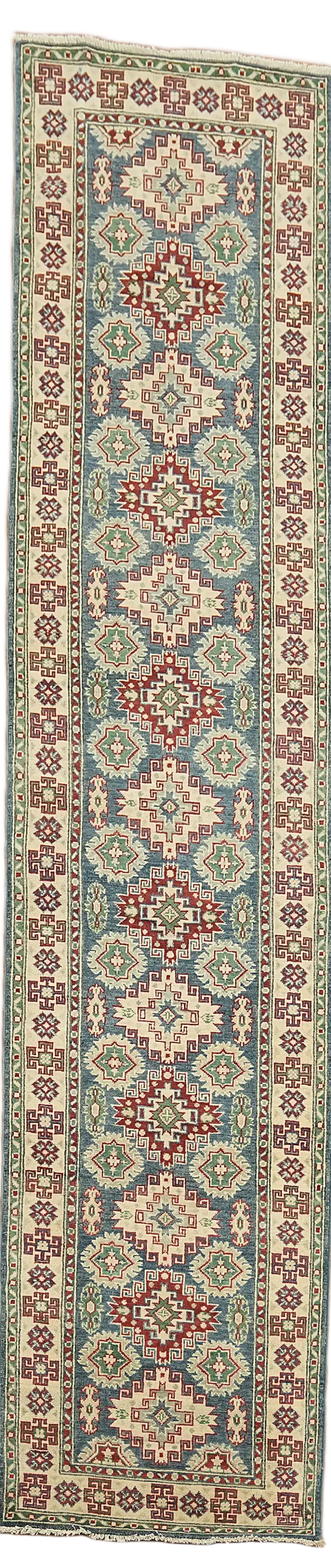 Blue Geometric Kazak Oriental Runner Rug 3x13