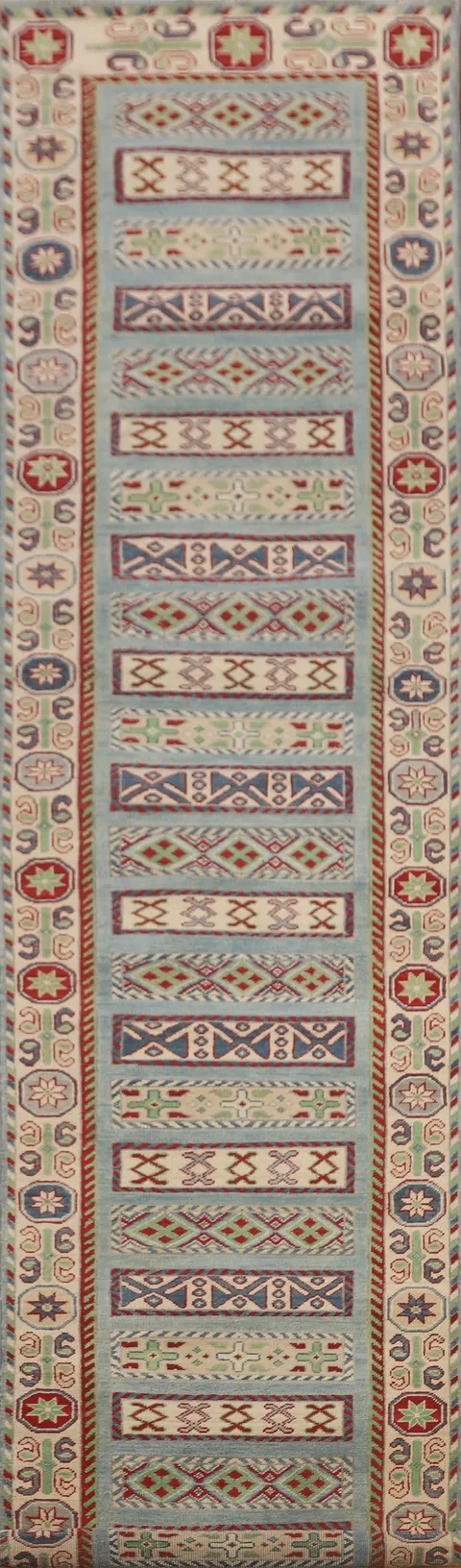 Light Blue Kazak Oriental Runner Rug 3x16