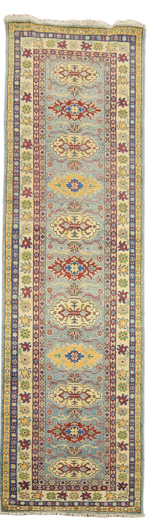 Light Blue Kazak Oriental Runner Rug 3x9