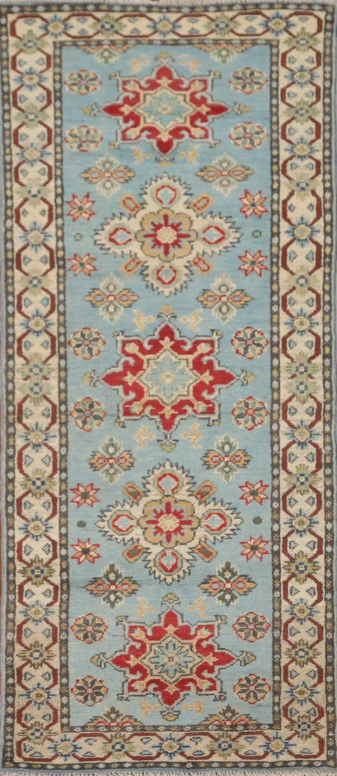 Light Blue Kazak Oriental Runner Rug 2x6