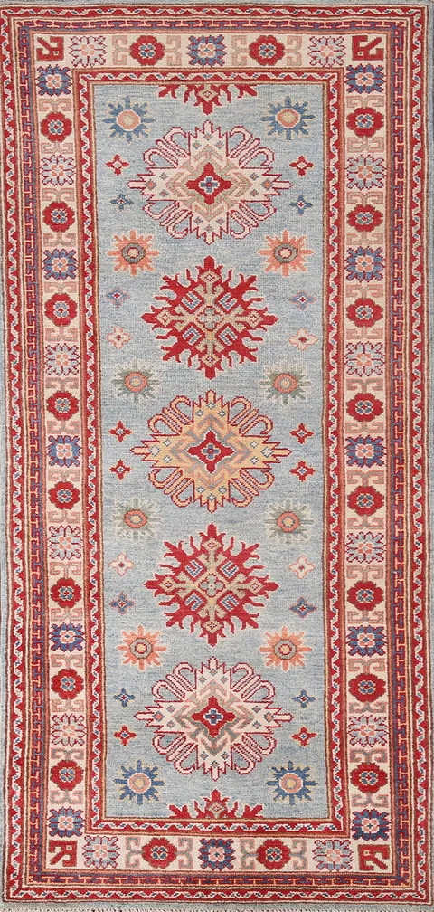 Light Blue Kazak Oriental Runner Rug 3x7