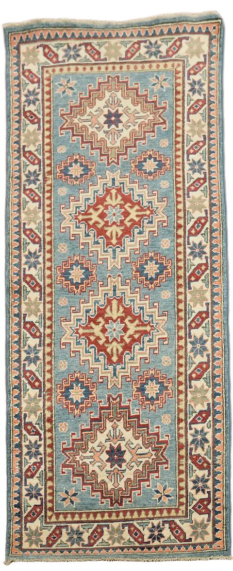 Light Blue Geometric Kazak Oriental Rug 3x6