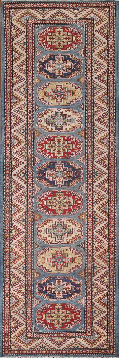 Blue Geometric Kazak Oriental Runner Rug 3x11