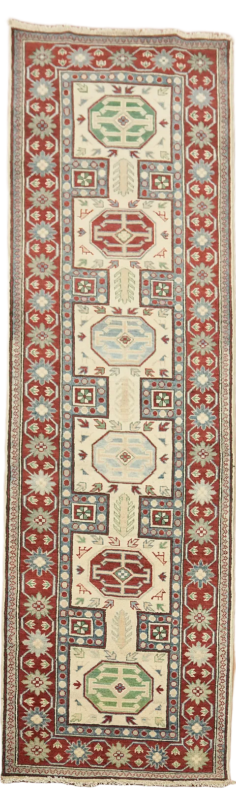Geometric Kazak Oriental Runner Wool Rug 3x9