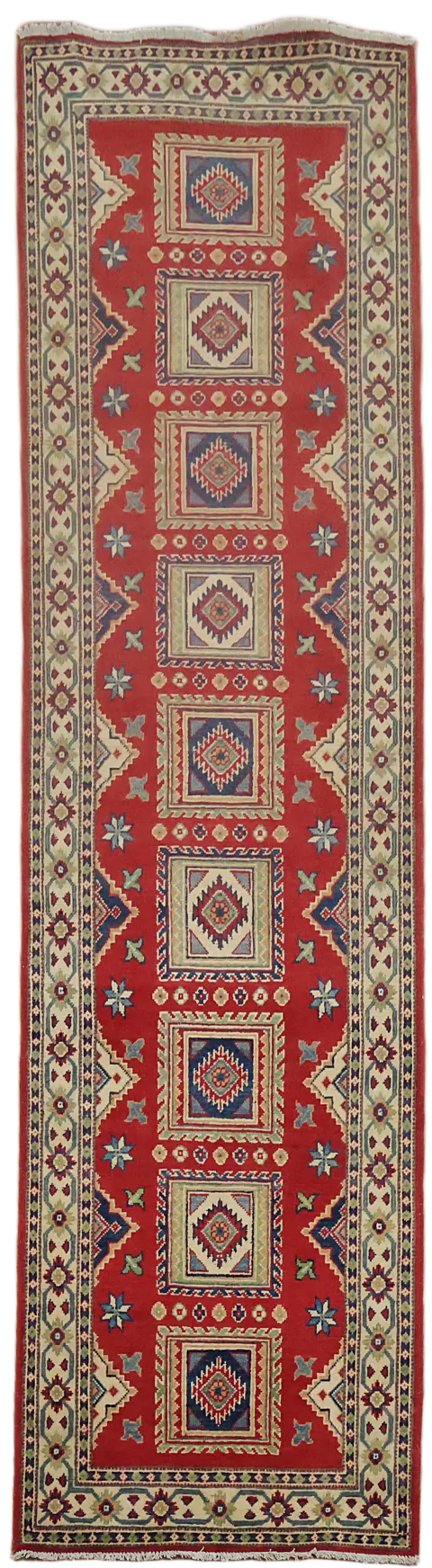 Luxurious Handcrafted Red Runner with Geometric Design 3x10