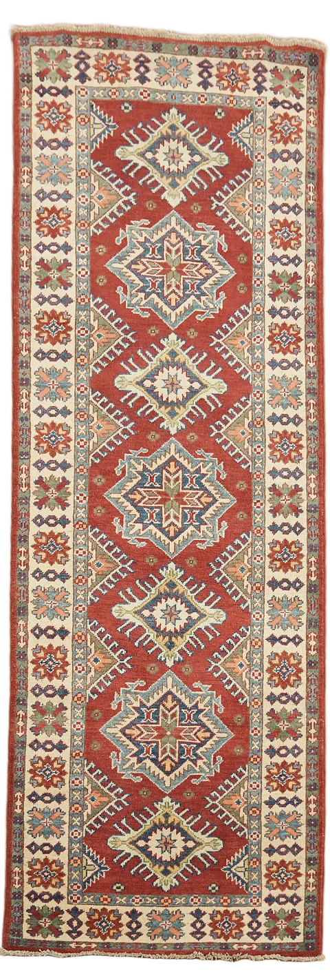 Handmade Red Kazak Oriental Wool Runner Rug 3x8