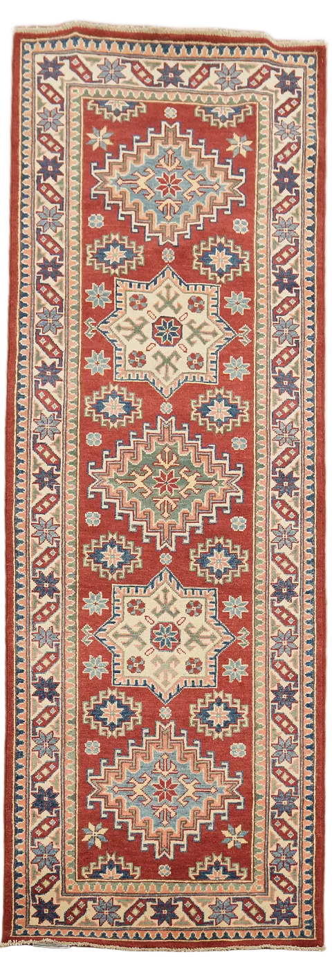 Geometric Red Kazak Oriental Wool Runner Rug 3x8