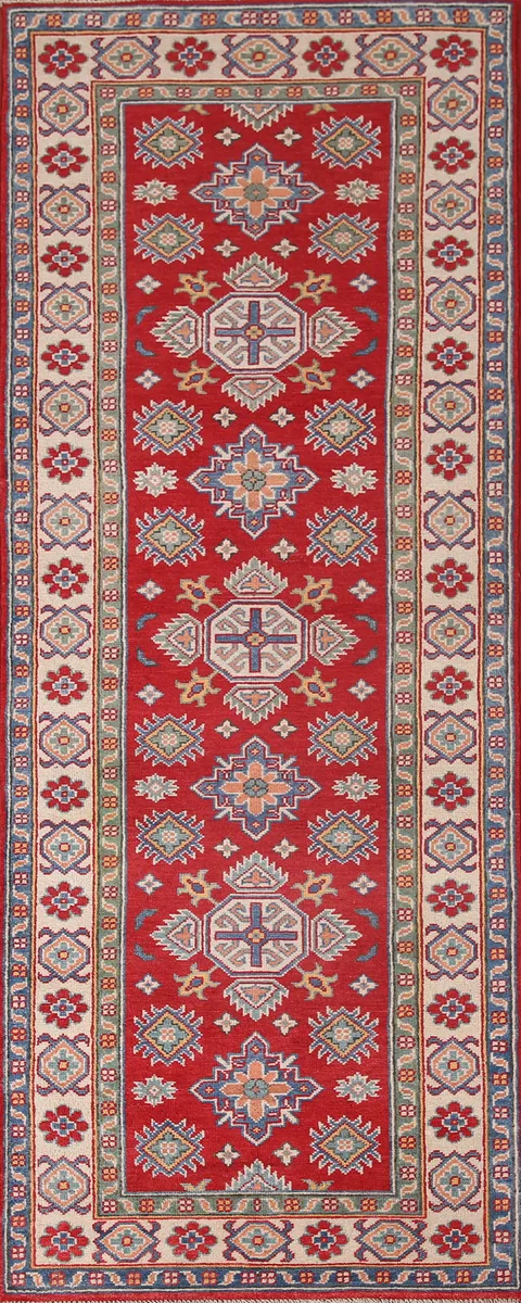 Geometric Red Kazak Oriental Runner Rug 3x8