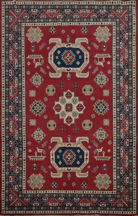 Traditional Red Kazak Rug with Geometric Patterns and Motifs 7x9