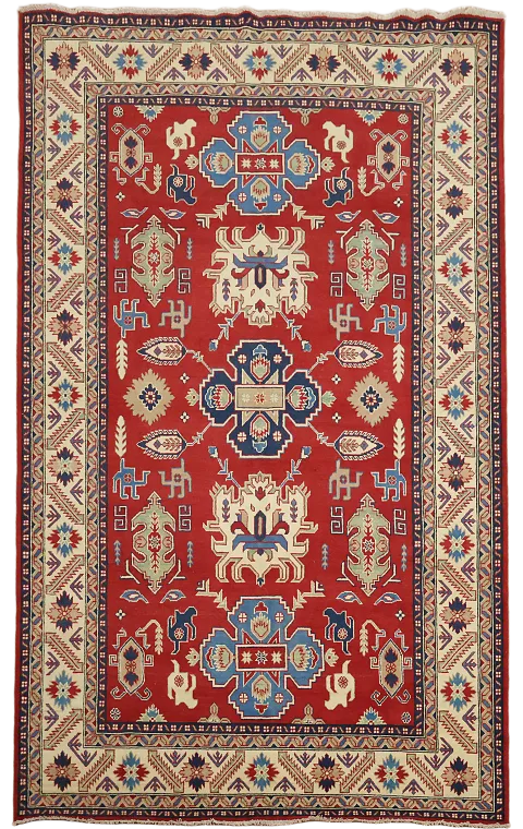 Red Geometric Kazak Oriental Area Rug 7x10