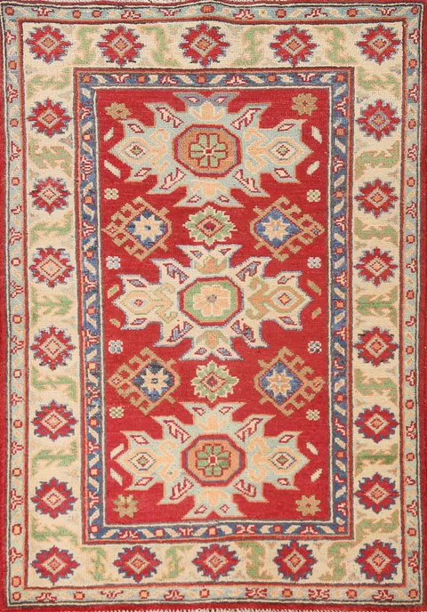 Red Geometric Kazak Wool Handmade Rug 3x4