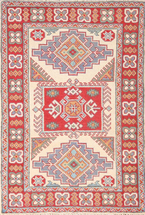 Ivory & Red Geometric Kazak Oriental Rug 3x4