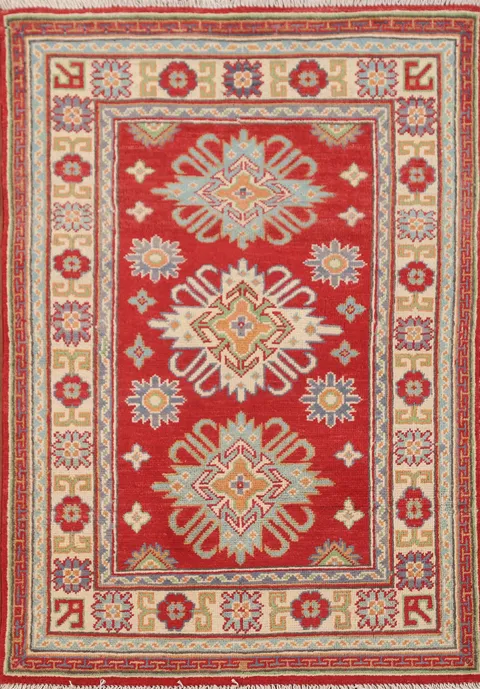 Red Geometric Kazak Handmade Rug 3x4