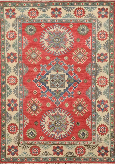 Geometric Kazak Wool Handmade Rug 3x4