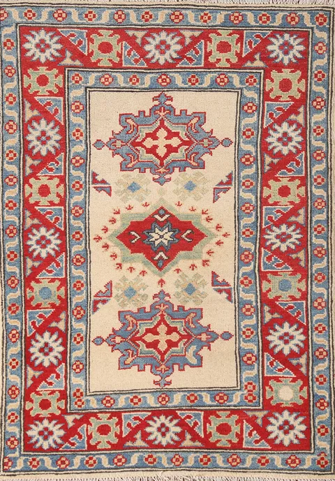 Geometric Kazak Wool Handmade Rug 3x4