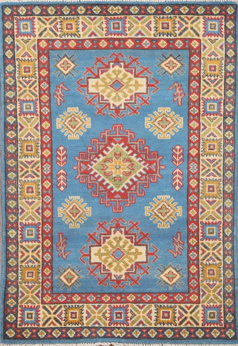 Blue Geometric Kazak Handmade Rug 3x4