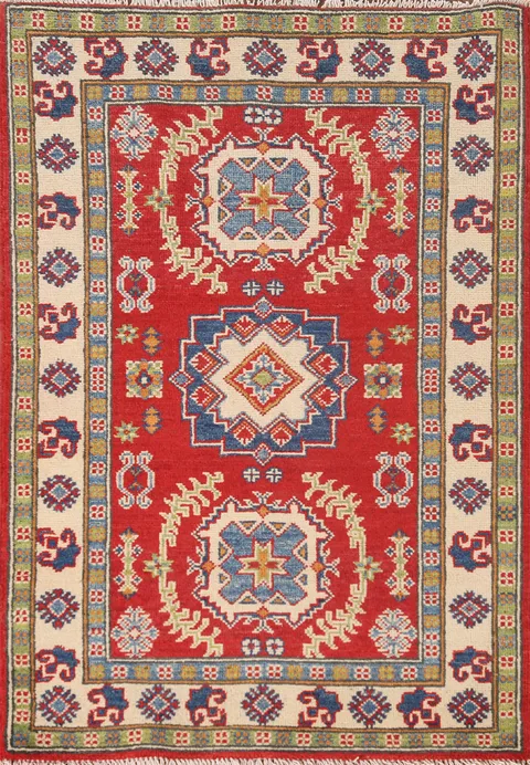 Red Geometric Kazak Handmade Rug 3x4