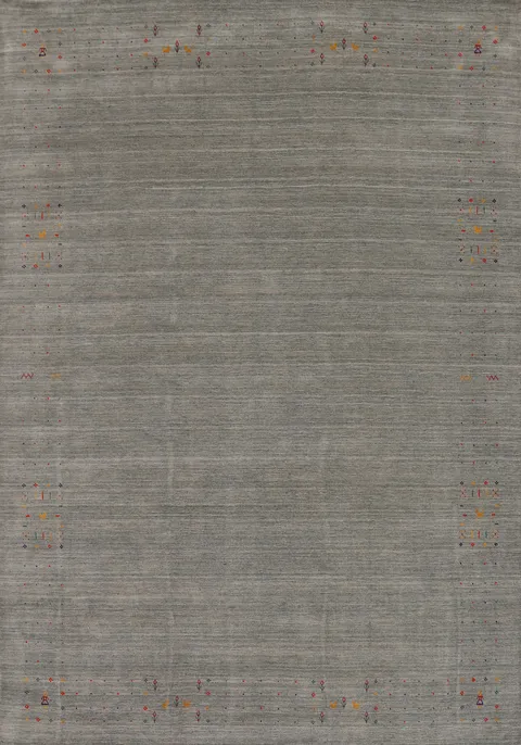 Chic Gabbeh Area Rug 9x12 in Gray with Discreet Patterned Corners