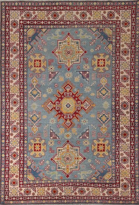 Light Blue Kazak Geometric Area Rug 7x10