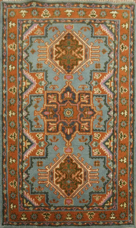 Traditional Blue and Orange Wool Rug 3x5 ft