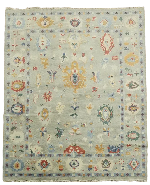 Soft Grey Oushak Traditional Rug with Vintage Motifs and Pastel Hues 8x10