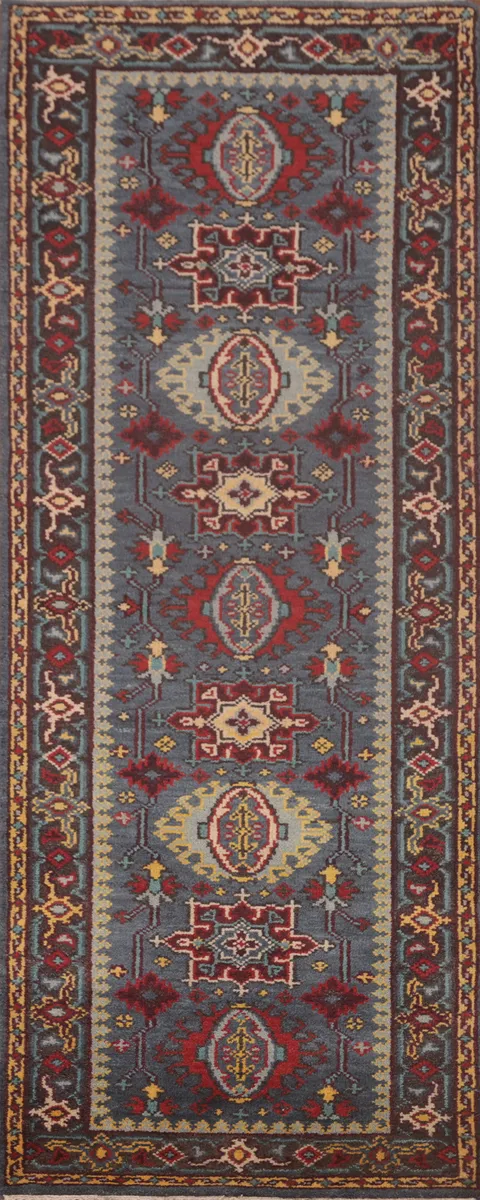 Geometric Kazak Oriental Runner Rug 3x8