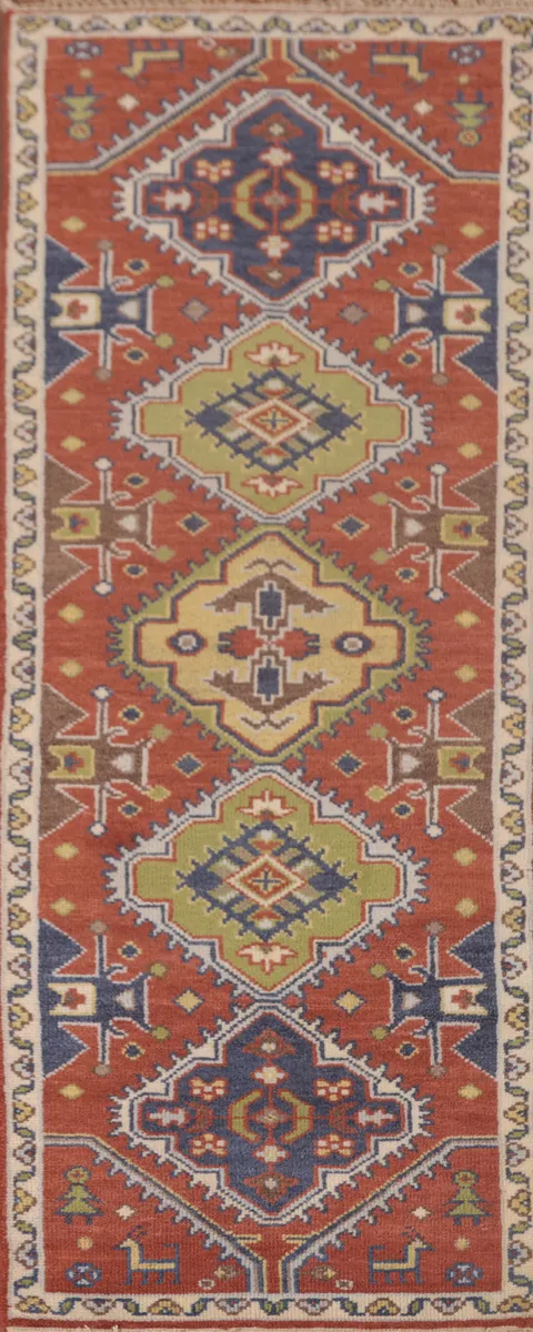 Orange Geometric Kazak Oriental Runner Rug 3x8