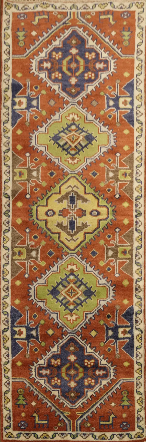 Rustic Orange and Green Geometric Wool Runner Rug 3'x8'