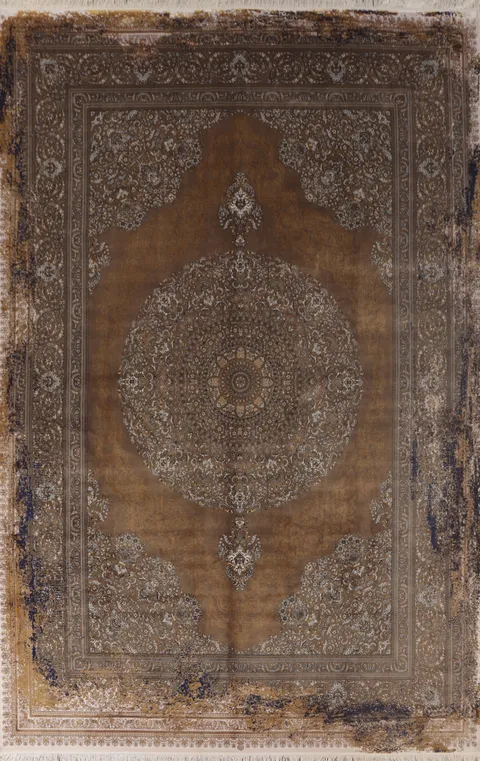 Rustic Brown Rug Featuring Ornate Borders 8x11