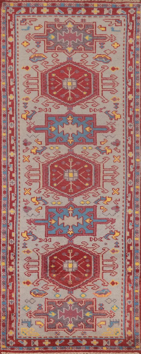 Geometric Kazak Oriental Runner Rug 3x8