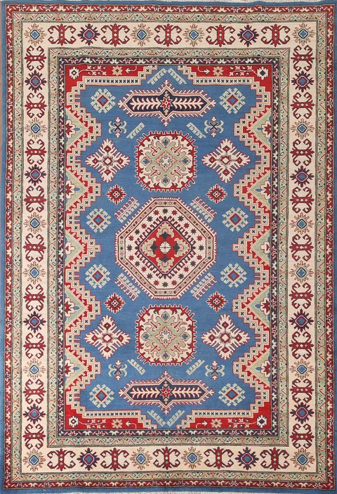 Blue Geometric Kazak Oriental Area Rug 7x10
