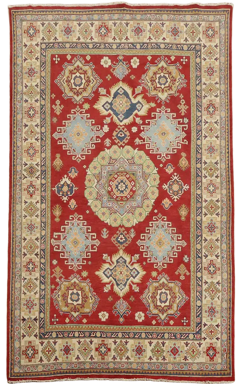 Red Geometric Kazak Oriental Area Rug 6x10
